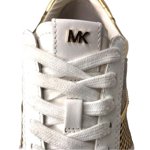 MICHAEL KORS SNEAKERS SHOES WHITE AND GOLD LEATHER AND FABRIC WOMENS SIZE 8.5 - Picture 6 of 14